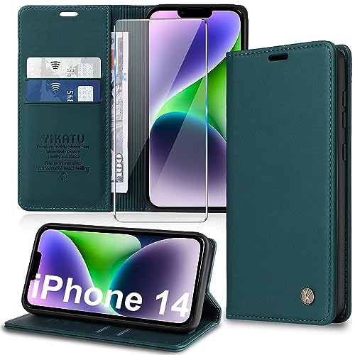 Handyhülle für iPhone 14 Hülle [mit Schutzfolie][Premium PU Leder] Klapphülle Ständer Kartenfach Magnetic Flip Case Cover Etui Tasche Schutzhülle für iPhone 14 6.1“ von Migexxkj