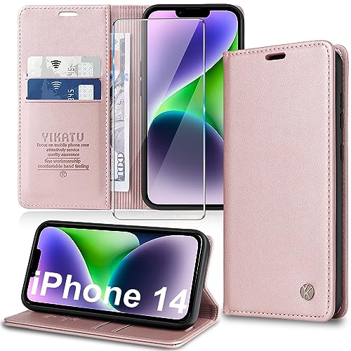 Handyhülle für iPhone 14 Hülle [mit Schutzfolie][Premium PU Leder] Klapphülle Ständer Kartenfach Magnetic Flip Case Cover Etui Tasche Schutzhülle für iPhone 14 6.1“ von Migexxkj
