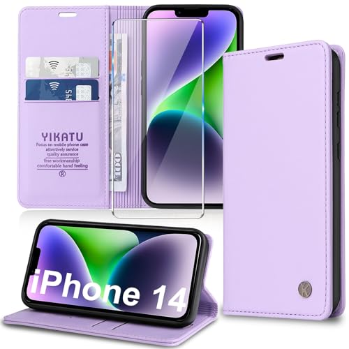 Handyhülle für iPhone 14 Hülle [mit Schutzfolie][Premium PU Leder] Klapphülle Ständer Kartenfach Magnetic Flip Case Cover Etui Tasche Schutzhülle für iPhone 14 6.1“ von Migexxkj