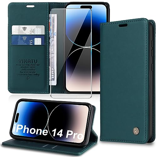 Handyhülle für iPhone 14 Pro Hülle [mit Schutzfolie][Premium PU Leder] Klapphülle Ständer Kartenfach Magnetic Flip Case Cover Etui Tasche Schutzhülle für iPhone 14 Pro 6.1“ (Green) von Migexxkj