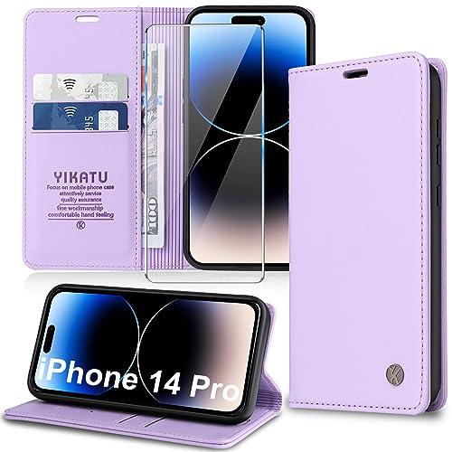 Handyhülle für iPhone 14 Pro Hülle [mit Schutzfolie][Premium PU Leder] Klapphülle Ständer Kartenfach Magnetic Flip Case Cover Etui Tasche Schutzhülle für iPhone 14 Pro 6.1“ (Purple) von Migexxkj