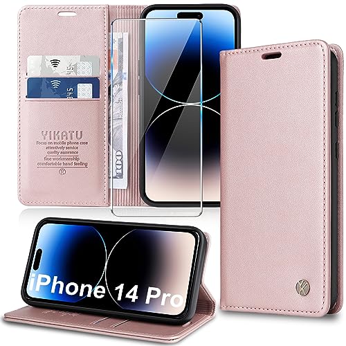 Handyhülle für iPhone 14 Pro Hülle [mit Schutzfolie][Premium PU Leder] Klapphülle Ständer Kartenfach Magnetic Flip Case Cover Etui Tasche Schutzhülle für iPhone 14 Pro 6.1“ (pink) von Migexxkj