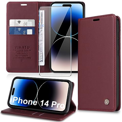 Handyhülle für iPhone 14 Pro Hülle [mit Schutzfolie][Premium PU Leder] Klapphülle Ständer Kartenfach Magnetic Flip Case Cover Etui Tasche Schutzhülle für iPhone 14 Pro 6.1“ (red) von Migexxkj