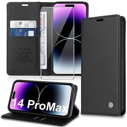 Handyhülle für iPhone 14 Pro Max Hülle [mit Schutzfolie][Premium PU Leder] Klapphülle Ständer Kartenfach Magnetic Flip Case Cover Etui Tasche Schutzhülle für iPhone 14 Pro Max 6.7“ (Black) von Migexxkj