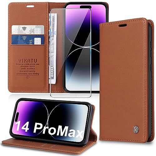 Handyhülle für iPhone 14 Pro Max Hülle [mit Schutzfolie][Premium PU Leder] Klapphülle Ständer Kartenfach Magnetic Flip Case Cover Etui Tasche Schutzhülle für iPhone 14 Pro Max 6.7“ (Brown) von Migexxkj