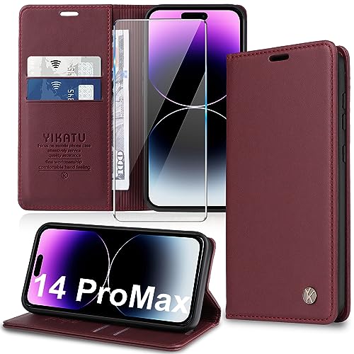 Handyhülle für iPhone 14 Pro Max Hülle [mit Schutzfolie][Premium PU Leder] Klapphülle Ständer Kartenfach Magnetic Flip Case Cover Etui Tasche Schutzhülle für iPhone 14 Pro Max 6.7“ (red) von Migexxkj