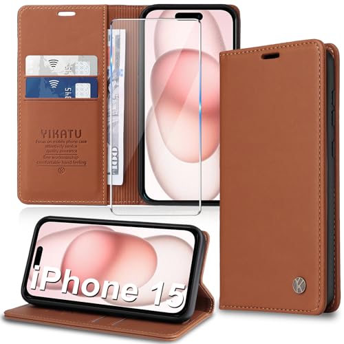 Handyhülle für iPhone 15 Hülle [mit Schutzfolie][Premium PU Leder] Klapphülle Kartenfach Magnetic Ständer Flip Case Cover Etui Tasche Schutzhülle für iPhone 15 6.1“ (Brown) von Migexxkj