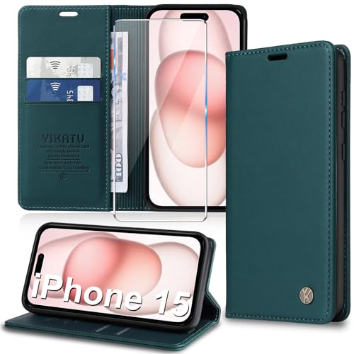 Handyhülle für iPhone 15 Hülle [mit Schutzfolie][Premium PU Leder] Klapphülle Kartenfach Magnetic Ständer Flip Case Cover Etui Tasche Schutzhülle für iPhone 15 6.1“ (Green) von Migexxkj