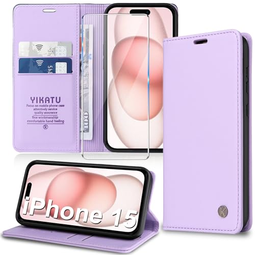 Handyhülle für iPhone 15 Hülle [mit Schutzfolie][Premium PU Leder] Klapphülle Kartenfach Magnetic Ständer Flip Case Cover Etui Tasche Schutzhülle für iPhone 15 6.1“ (Purple) von Migexxkj