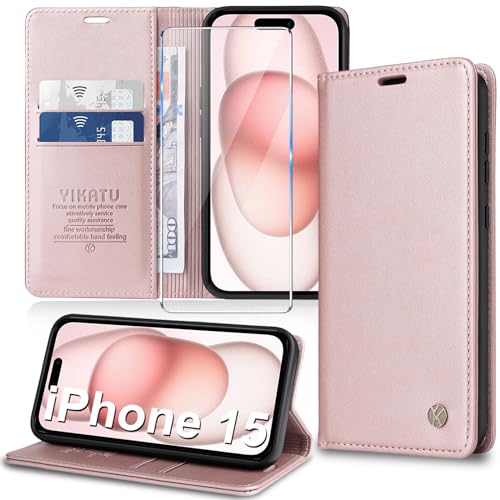 Handyhülle für iPhone 15 Hülle [mit Schutzfolie][Premium PU Leder] Klapphülle Kartenfach Magnetic Ständer Flip Case Cover Etui Tasche Schutzhülle für iPhone 15 6.1“ (pink) von Migexxkj