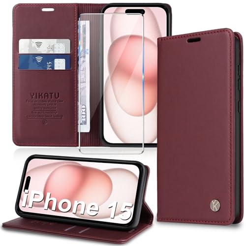 Handyhülle für iPhone 15 Hülle [mit Schutzfolie][Premium PU Leder] Klapphülle Kartenfach Magnetic Ständer Flip Case Cover Etui Tasche Schutzhülle für iPhone 15 6.1“ (red) von Migexxkj