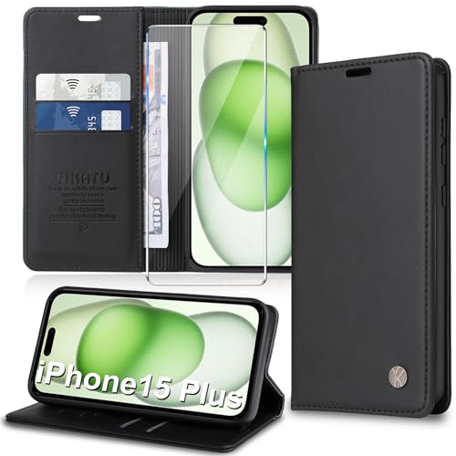 Handyhülle für iPhone 15 Plus Hülle [mit Schutzfolie][Premium PU Leder] Klapphülle Ständer Kartenfach Magnetic Flip Case Cover Etui Tasche Schutzhülle für iPhone 15 Plus 6.7“ (Black) von Migexxkj