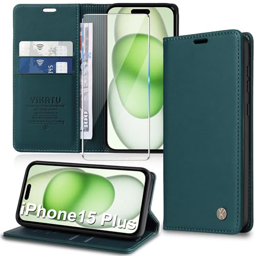 Handyhülle für iPhone 15 Plus Hülle [mit Schutzfolie][Premium PU Leder] Klapphülle Ständer Kartenfach Magnetic Flip Case Cover Etui Tasche Schutzhülle für iPhone 15 Plus 6.7“ (Green) von Migexxkj