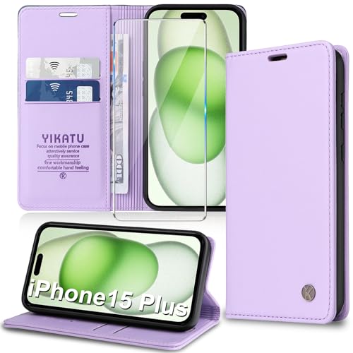 Handyhülle für iPhone 15 Plus Hülle [mit Schutzfolie][Premium PU Leder] Klapphülle Ständer Kartenfach Magnetic Flip Case Cover Etui Tasche Schutzhülle für iPhone 15 Plus 6.7“ (Purple) von Migexxkj