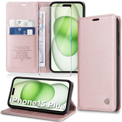 Handyhülle für iPhone 15 Plus Hülle [mit Schutzfolie][Premium PU Leder] Klapphülle Ständer Kartenfach Magnetic Flip Case Cover Etui Tasche Schutzhülle für iPhone 15 Plus 6.7“ (pink) von Migexxkj