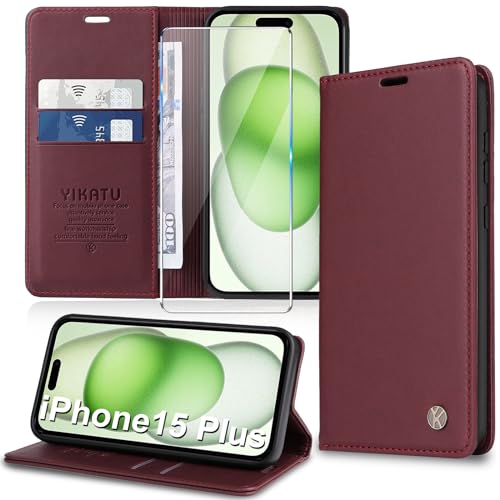 Handyhülle für iPhone 15 Plus Hülle [mit Schutzfolie][Premium PU Leder] Klapphülle Ständer Kartenfach Magnetic Flip Case Cover Etui Tasche Schutzhülle für iPhone 15 Plus 6.7“ (red) von Migexxkj