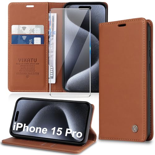 Handyhülle für iPhone 15 Pro Hülle [mit Schutzfolie][Premium PU Leder] Klapphülle Kartenfach Magnetic Ständer Flip Case Cover Etui Tasche Schutzhülle für iPhone 15 Pro 6.1“ (Brown) von Migexxkj