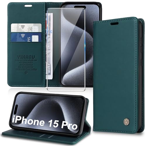 Handyhülle für iPhone 15 Pro Hülle [mit Schutzfolie][Premium PU Leder] Klapphülle Kartenfach Magnetic Ständer Flip Case Cover Etui Tasche Schutzhülle für iPhone 15 Pro 6.1“ (Green) von Migexxkj