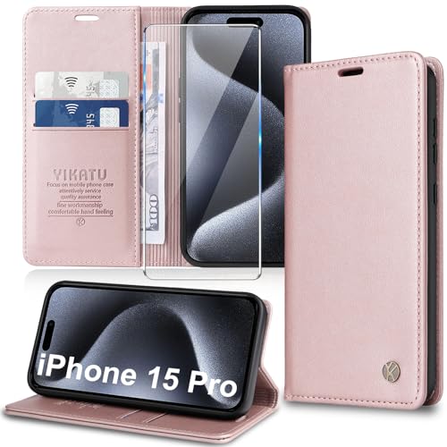Handyhülle für iPhone 15 Pro Hülle [mit Schutzfolie][Premium PU Leder] Klapphülle Kartenfach Magnetic Ständer Flip Case Cover Etui Tasche Schutzhülle für iPhone 15 Pro 6.1“ (pink) von Migexxkj