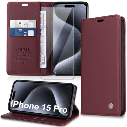 Handyhülle für iPhone 15 Pro Hülle [mit Schutzfolie][Premium PU Leder] Klapphülle Kartenfach Magnetic Ständer Flip Case Cover Etui Tasche Schutzhülle für iPhone 15 Pro 6.1“ (red) von Migexxkj