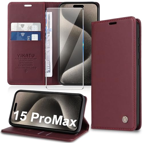 Handyhülle für iPhone 15 Pro Max Hülle [mit Schutzfolie][Premium PU Leder] Klapphülle Kartenfach Magnetic Ständer Flip Case Cover Etui Tasche Schutzhülle für iPhone 15 Pro Max 6.7“ von Migexxkj