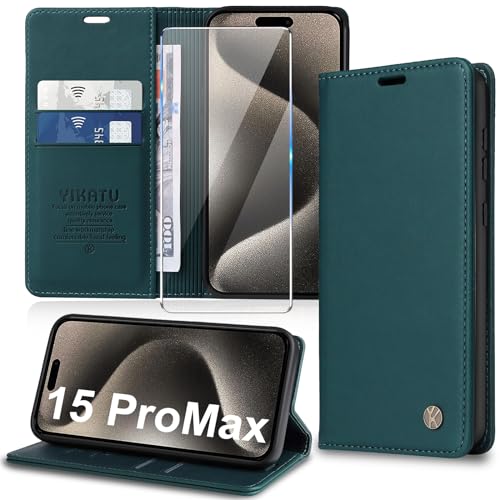 Handyhülle für iPhone 15 Pro Max Hülle [mit Schutzfolie][Premium PU Leder] Klapphülle Kartenfach Magnetic Ständer Flip Case Cover Etui Tasche Schutzhülle für iPhone 15 Pro Max 6.7“ von Migexxkj