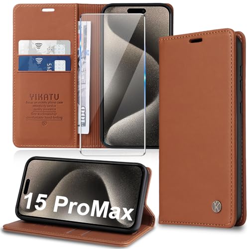 Handyhülle für iPhone 15 Pro Max Hülle [mit Schutzfolie][Premium PU Leder] Klapphülle Kartenfach Magnetic Ständer Flip Case Cover Etui Tasche Schutzhülle für iPhone 15 Pro Max 6.7“ von Migexxkj