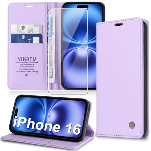 Handyhülle für iPhone 16 Hülle [mit Schutzfolie][Premium PU Leder] Klapphülle Kartenfach Magnetic Ständer Flip Case Cover Etui Tasche Schutzhülle für iPhone 16 6.1“ (Lila) von Migexxkj