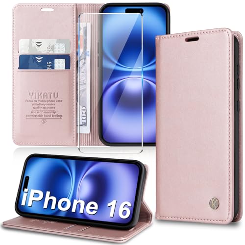 Handyhülle für iPhone 16 Hülle [mit Schutzfolie][Premium PU Leder] Klapphülle Kartenfach Magnetic Ständer Flip Case Cover Etui Tasche Schutzhülle für iPhone 16 6.1“ (Rosa) von Migexxkj