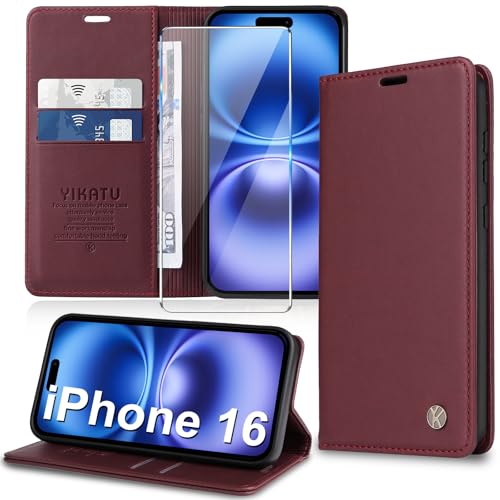 Handyhülle für iPhone 16 Hülle [mit Schutzfolie][Premium PU Leder] Klapphülle Kartenfach Magnetic Ständer Flip Case Cover Etui Tasche Schutzhülle für iPhone 16 6.1“ (Rot) von Migexxkj