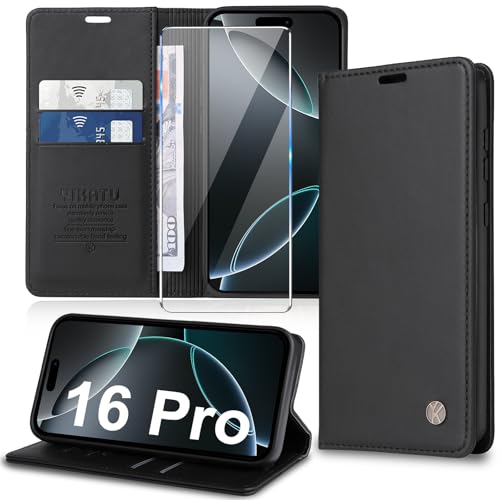 Handyhülle für iPhone 16 Pro Hülle [mit Schutzfolie][Premium PU Leder] Klapphülle Kartenfach Magnetic Ständer Flip Case Cover Etui Tasche Schutzhülle für iPhone 16 Pro 6.1“ (Schwarz) von Migexxkj