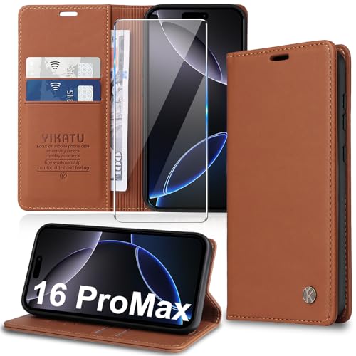 Handyhülle für iPhone 16 Pro Max Hülle [mit Schutzfolie][Premium PU Leder] Klapphülle Kartenfach Magnetic Ständer Flip Case Cover Etui Tasche Schutzhülle für iPhone 16 Pro Max 6.7“ (Braun) von Migexxkj