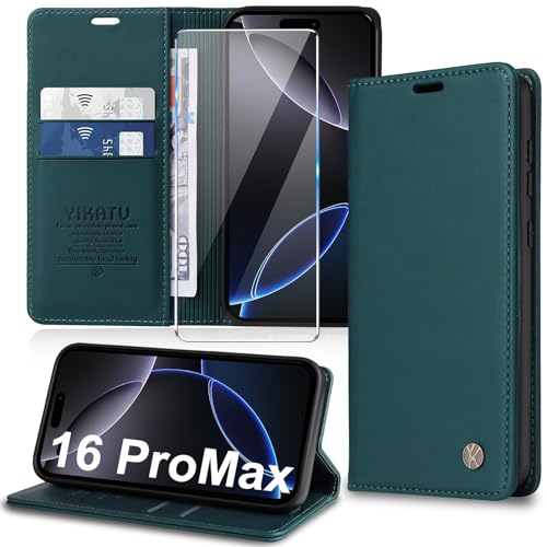 Handyhülle für iPhone 16 Pro Max Hülle [mit Schutzfolie][Premium PU Leder] Klapphülle Kartenfach Magnetic Ständer Flip Case Cover Etui Tasche Schutzhülle für iPhone 16 Pro Max 6.7“ (Grün) von Migexxkj