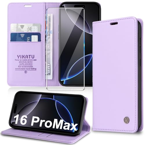 Handyhülle für iPhone 16 Pro Max Hülle [mit Schutzfolie][Premium PU Leder] Klapphülle Kartenfach Magnetic Ständer Flip Case Cover Etui Tasche Schutzhülle für iPhone 16 Pro Max 6.7“ (Lila) von Migexxkj