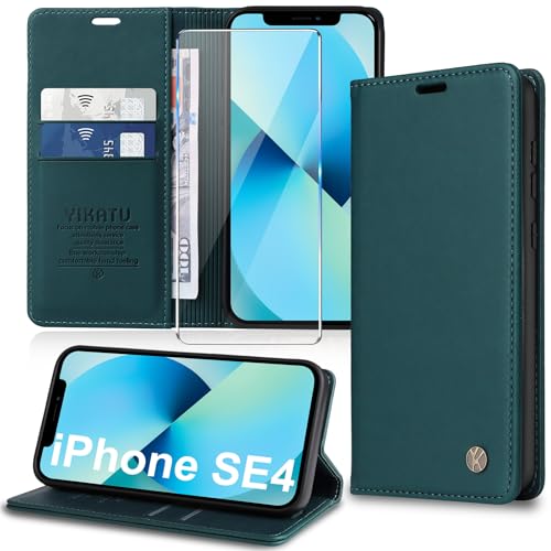 Handyhülle für iPhone 16e Hülle [mit Schutzfolie][Premium PU Leder] Klapphülle Kartenfach Magnetic Ständer Flip Case Cover Etui Tasche Schutzhülle für iPhone 16e, iPhone SE4 Hülle (Grün) von Migexxkj