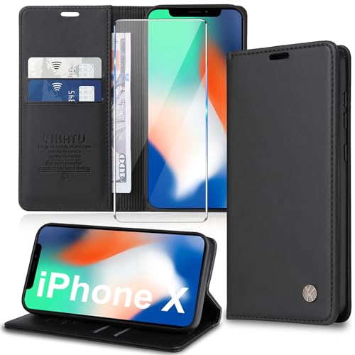 Handyhülle für iPhone X,iPhone XS Hülle [mit Schutzfolie][Premium PU Leder] Klapphülle Kartenfach Magnetic Ständer Flip Case Cover Etui Tasche Schutzhülle für iPhone X/XS 5.8“ (Black) von Migexxkj