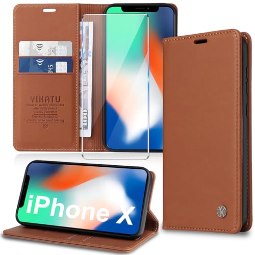 Handyhülle für iPhone X,iPhone XS Hülle [mit Schutzfolie][Premium PU Leder] Klapphülle Kartenfach Magnetic Ständer Flip Case Cover Etui Tasche Schutzhülle für iPhone X/XS 5.8“ (Brown) von Migexxkj