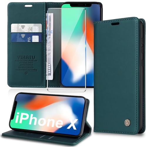 Handyhülle für iPhone X,iPhone XS Hülle [mit Schutzfolie][Premium PU Leder] Klapphülle Kartenfach Magnetic Ständer Flip Case Cover Etui Tasche Schutzhülle für iPhone X/XS 5.8“ (Green) von Migexxkj