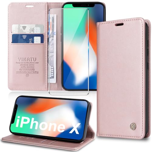 Handyhülle für iPhone X,iPhone XS Hülle [mit Schutzfolie][Premium PU Leder] Klapphülle Kartenfach Magnetic Ständer Flip Case Cover Etui Tasche Schutzhülle für iPhone X/XS 5.8“ (Pink) von Migexxkj