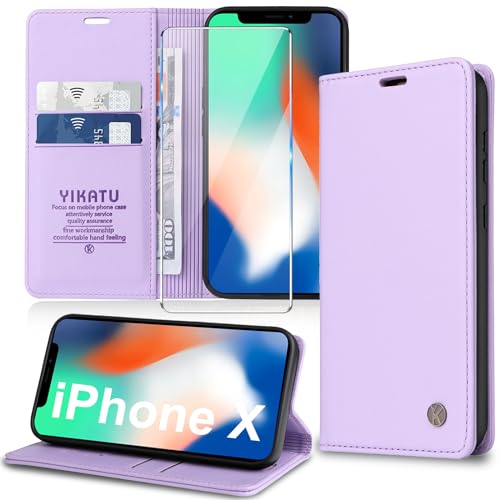 Handyhülle für iPhone X,iPhone XS Hülle [mit Schutzfolie][Premium PU Leder] Klapphülle Kartenfach Magnetic Ständer Flip Case Cover Etui Tasche Schutzhülle für iPhone X/XS 5.8“ (Purple) von Migexxkj