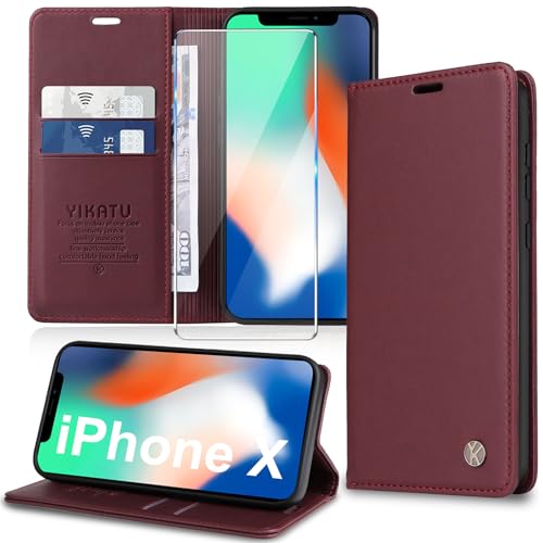 Handyhülle für iPhone X,iPhone XS Hülle [mit Schutzfolie][Premium PU Leder] Klapphülle Kartenfach Magnetic Ständer Flip Case Cover Etui Tasche Schutzhülle für iPhone X/XS 5.8“ (Red) von Migexxkj