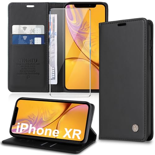 Handyhülle für iPhone XR Hülle [mit Schutzfolie][Premium PU Leder] Klapphülle Kartenfach Magnetic Ständer Flip Case Cover Etui Tasche Schutzhülle für iPhone XR 6.1“ (Black) von Migexxkj