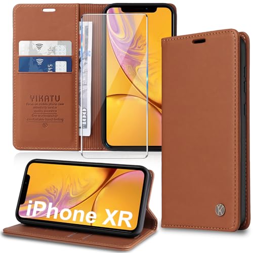 Handyhülle für iPhone XR Hülle [mit Schutzfolie][Premium PU Leder] Klapphülle Kartenfach Magnetic Ständer Flip Case Cover Etui Tasche Schutzhülle für iPhone XR 6.1“ (Brown) von Migexxkj