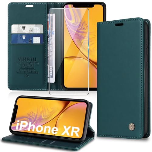 Handyhülle für iPhone XR Hülle [mit Schutzfolie][Premium PU Leder] Klapphülle Kartenfach Magnetic Ständer Flip Case Cover Etui Tasche Schutzhülle für iPhone XR 6.1“ (Green) von Migexxkj