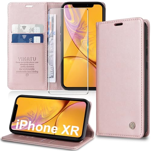 Handyhülle für iPhone XR Hülle [mit Schutzfolie][Premium PU Leder] Klapphülle Kartenfach Magnetic Ständer Flip Case Cover Etui Tasche Schutzhülle für iPhone XR 6.1“ (Pink) von Migexxkj