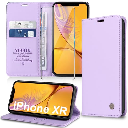 Handyhülle für iPhone XR Hülle [mit Schutzfolie][Premium PU Leder] Klapphülle Kartenfach Magnetic Ständer Flip Case Cover Etui Tasche Schutzhülle für iPhone XR 6.1“ (Purple) von Migexxkj