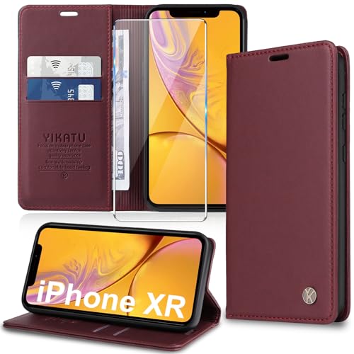 Handyhülle für iPhone XR Hülle [mit Schutzfolie][Premium PU Leder] Klapphülle Kartenfach Magnetic Ständer Flip Case Cover Etui Tasche Schutzhülle für iPhone XR 6.1“ (Red) von Migexxkj