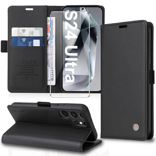 für Samsung Galaxy S24 Ultra Hülle mit S24 Ultra Schutzfolie Leder Klapphülle Handyhülle Samsung S24 Ultra Hülle Ständer Kartenfach Flip Case Klappbar Schutzhülle für Samsung S24 Ultra 5G (Black) von Migexxkj