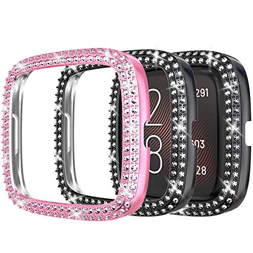 Miimall [2 Stück] Kompatibel mit Fitbit Versa 2 Hülle, Strass Glitzer Harter PC Schutzhülle Stoßfest Kratzfest Bling Diamant Rahmen Stoßstange Schutz Case für Fitbit Versa 2 - Schwarz+Rosa von Miimall
