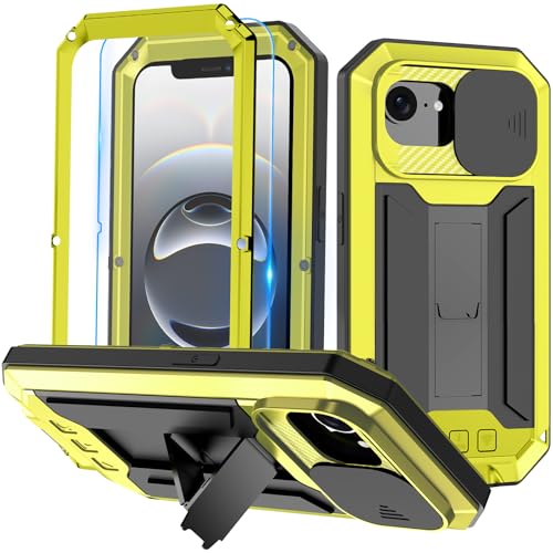 Miimall 360 Grad Hülle Kompatibel mit iPhone 16e Hülle Metall, [Eingebauter Displayschutz][Schieben Kamera Abdeckung][Aluminium+TPU] Militär Stoßfest Schutzhülle mit Ständer für iPhone 16e-Gelb von Miimall
